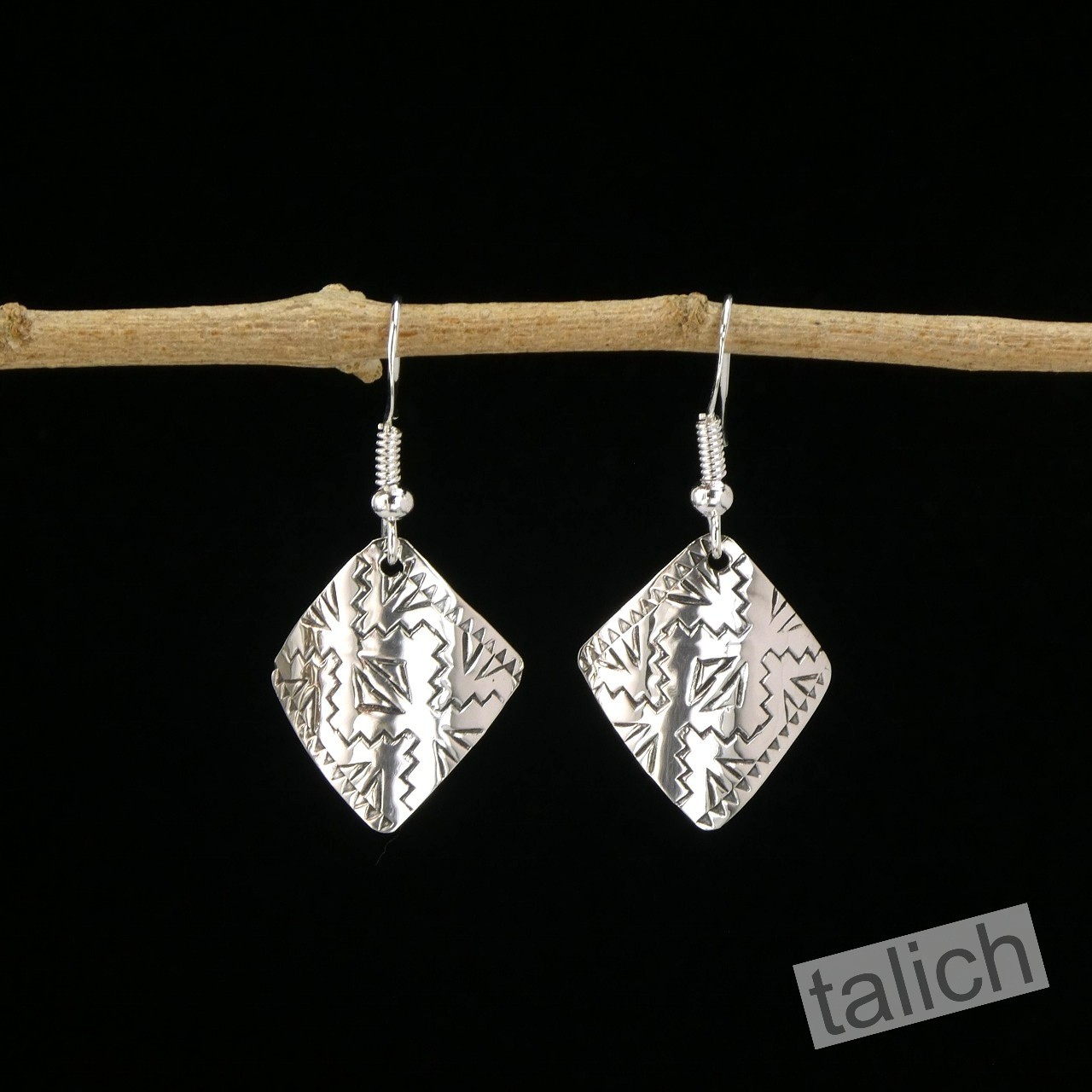 Native American Navajo Handmade Stamped Sterling Silver Curved Drop Earrings #8