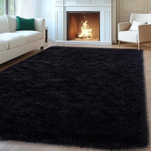 8x10 Area Rugs for Living Room, Large Fluffy Black Rugs for Bedroom, Soft 