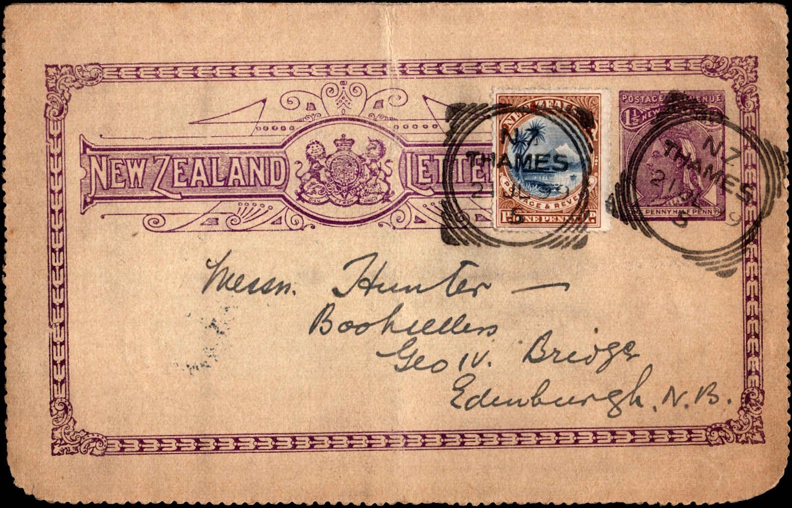 New Zealand Letter Card w/ 1½d & 1d to Edinburgh Scotland