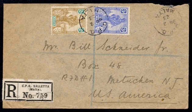 MALTA 1923 REGISTERED to USA