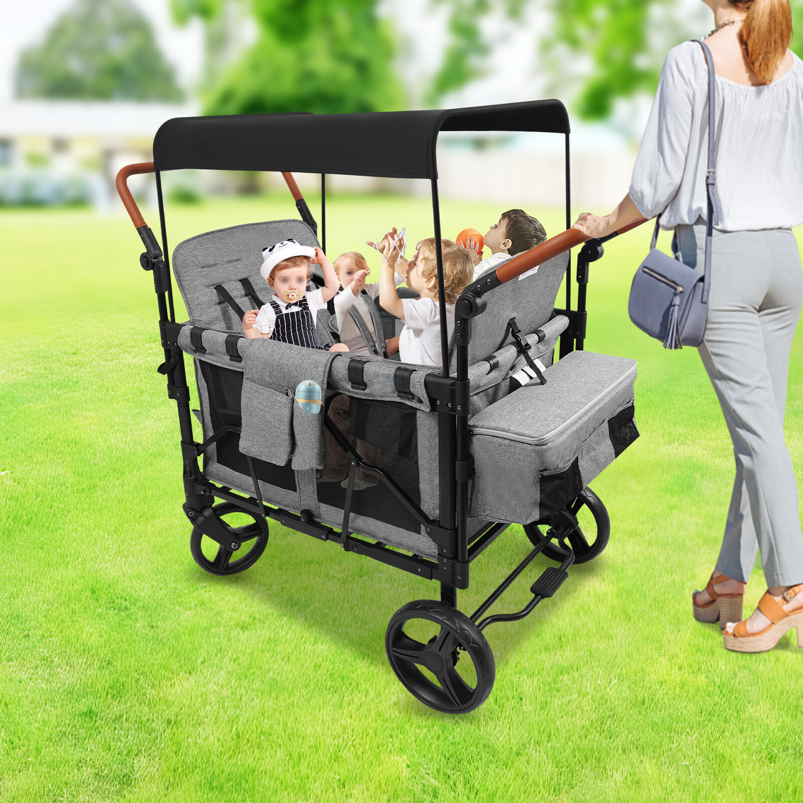 Folding Wagon Stroller for 4 Kids Face To Face High Seat Holds 264lbs & Canopy