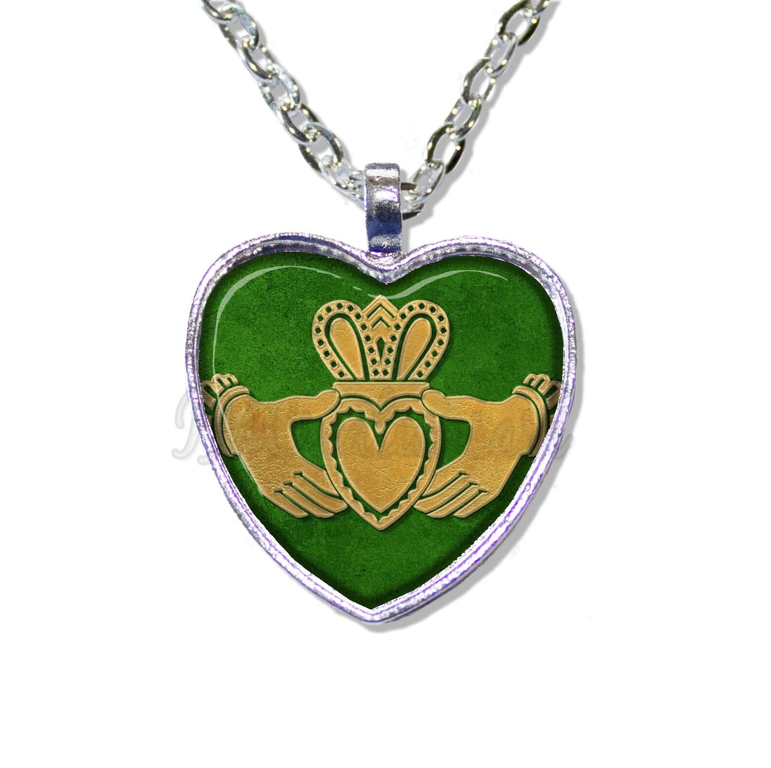 St. Patrick's Day Celtic Claddagh Style HEART-shaped glass pendant necklace