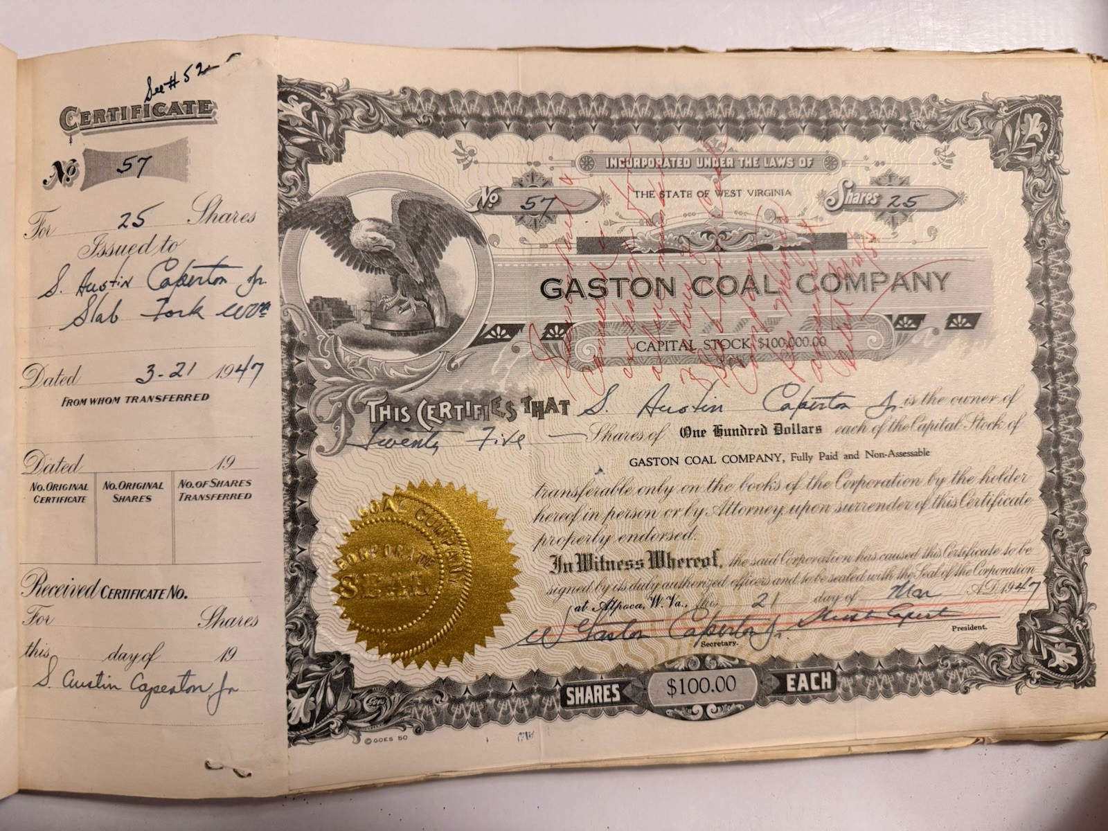 Gaston Coal Company Stock Certificate 25 Shares 1947 Circulated