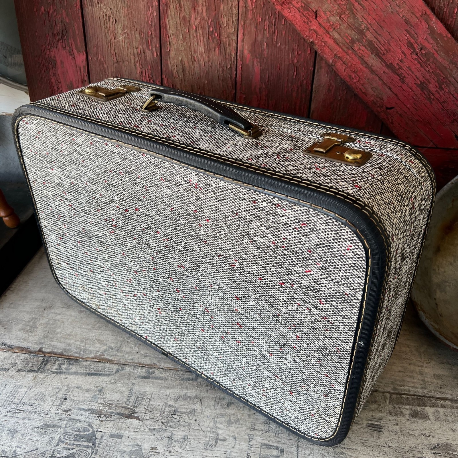 Vintage Vacationer Royal Luggage Co. Tweed Suitcase With Red Satin Interior