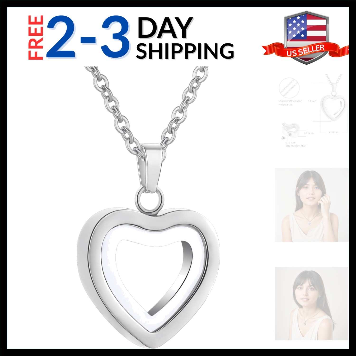 Glass Heart Cremation Urn Necklace for Ashes Stainless Steel Memorial Ash Pen...