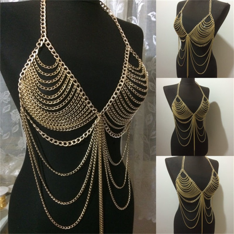 Women Sexy Body Chain Tassel Layering Bikini Bra Jewelry Harness Chest Chain