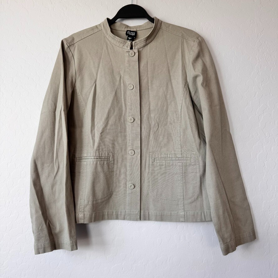 Eileen Fisher Medium Gray Button Up Cotton Spandex Blend Military Style Jacket