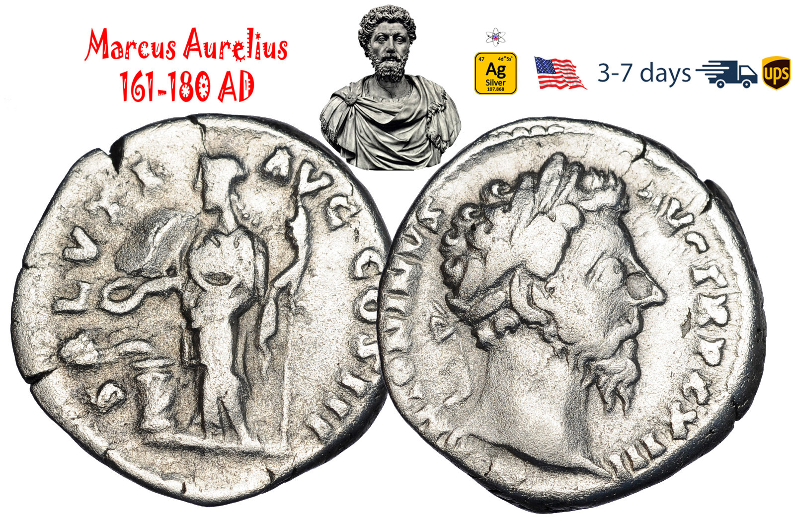 Ancient Roman Empire Coin Silver Denarius Marcus Aurelius 161 180 AD #33334