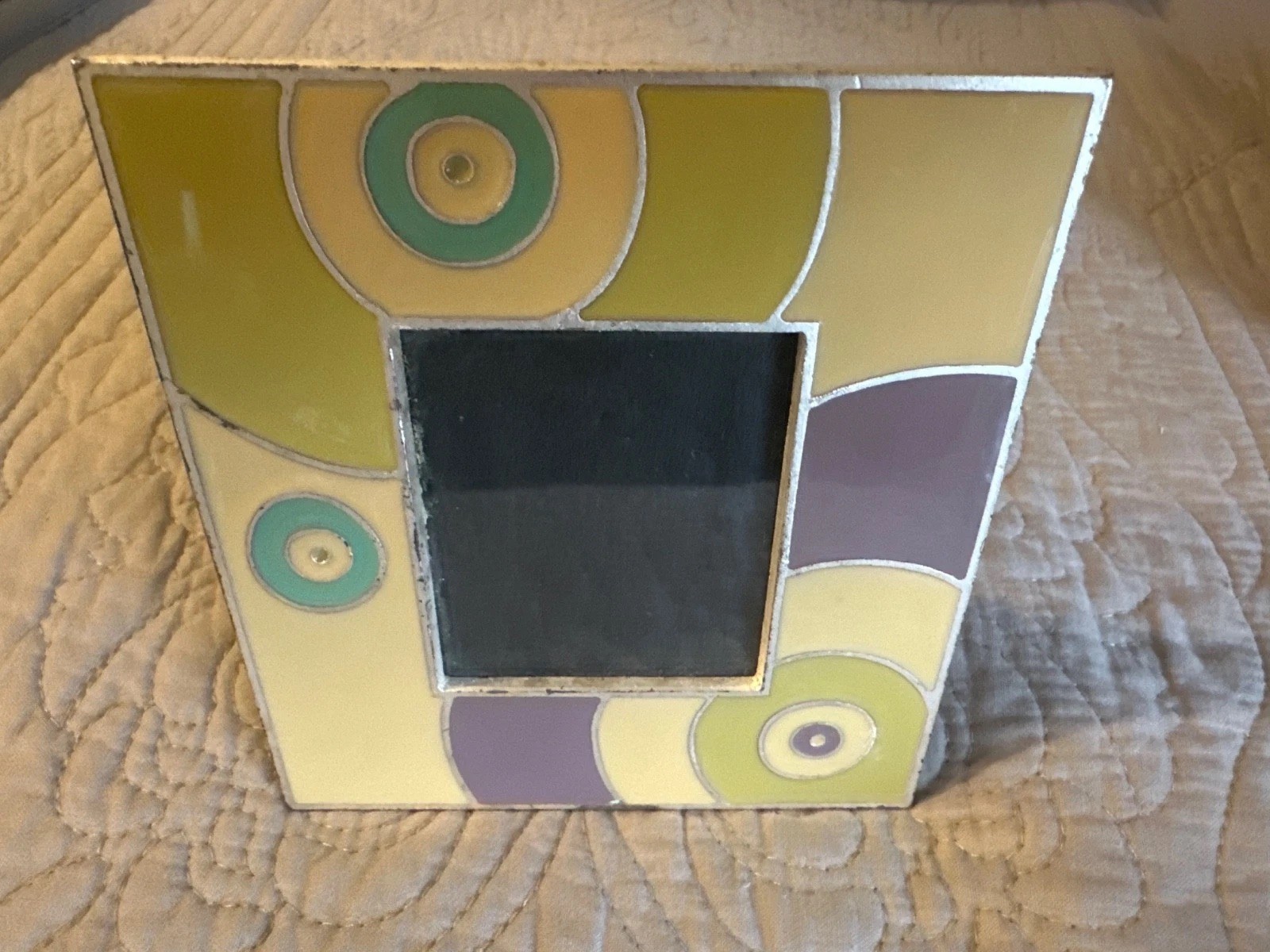 Mosaic Hand Made Art Glass Picture Frame 5x6" Yellow Green Purple Swirls