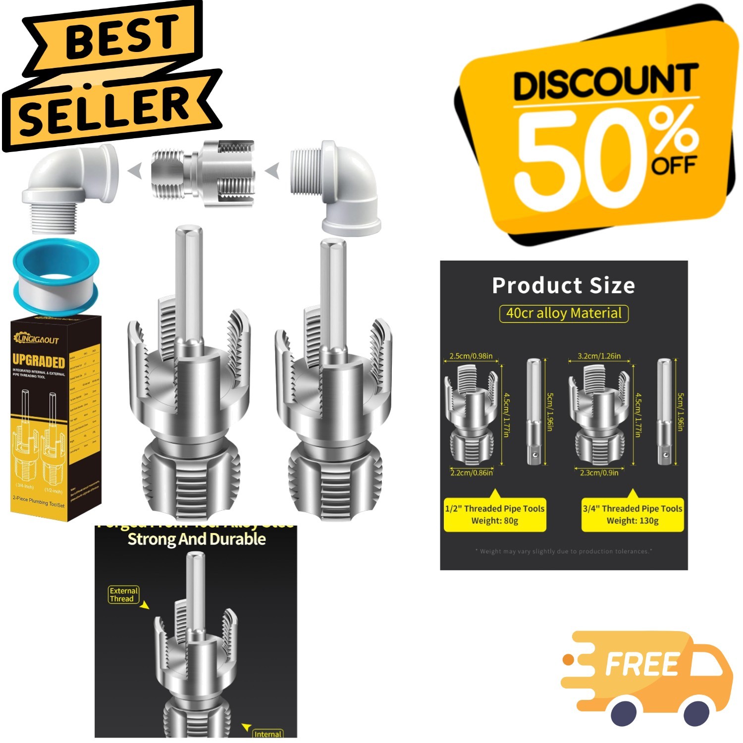 Dual-Function PVC Pipe Threader Tool 1/2'' & 3/4'' - Electric Drill Compatible