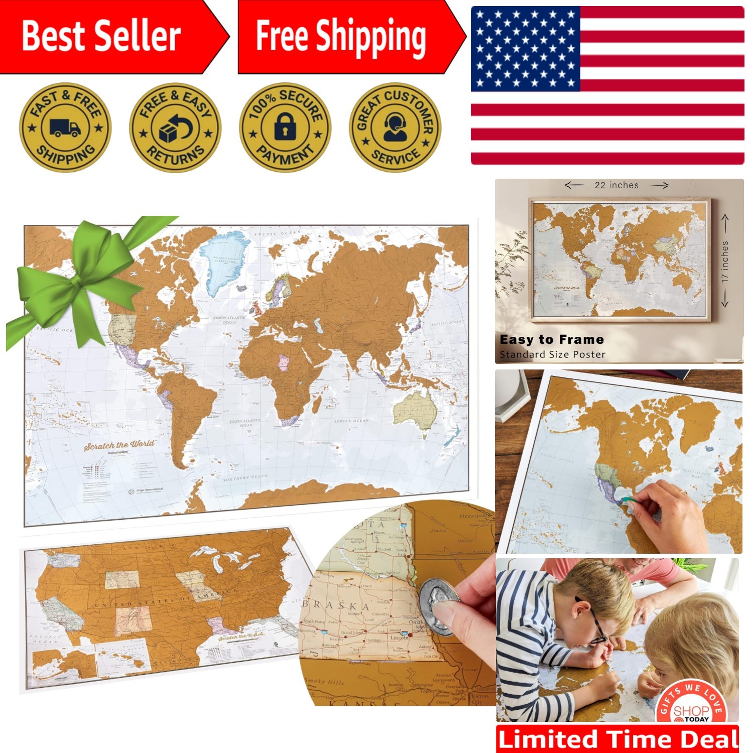 Scratch Off Map of the World Poster 17 x 22" +  Scratch Off Map 11 x 17" - Ea...