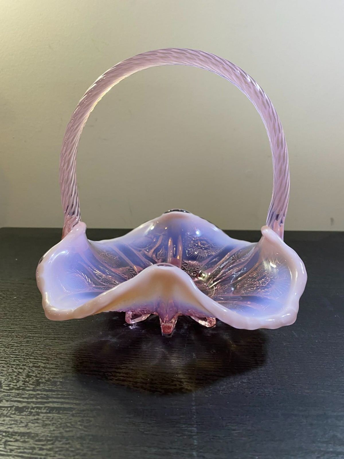 Gorgeous Pink Opalescent Glass Basket w/Iridescent Finish by Fenton Art Co.