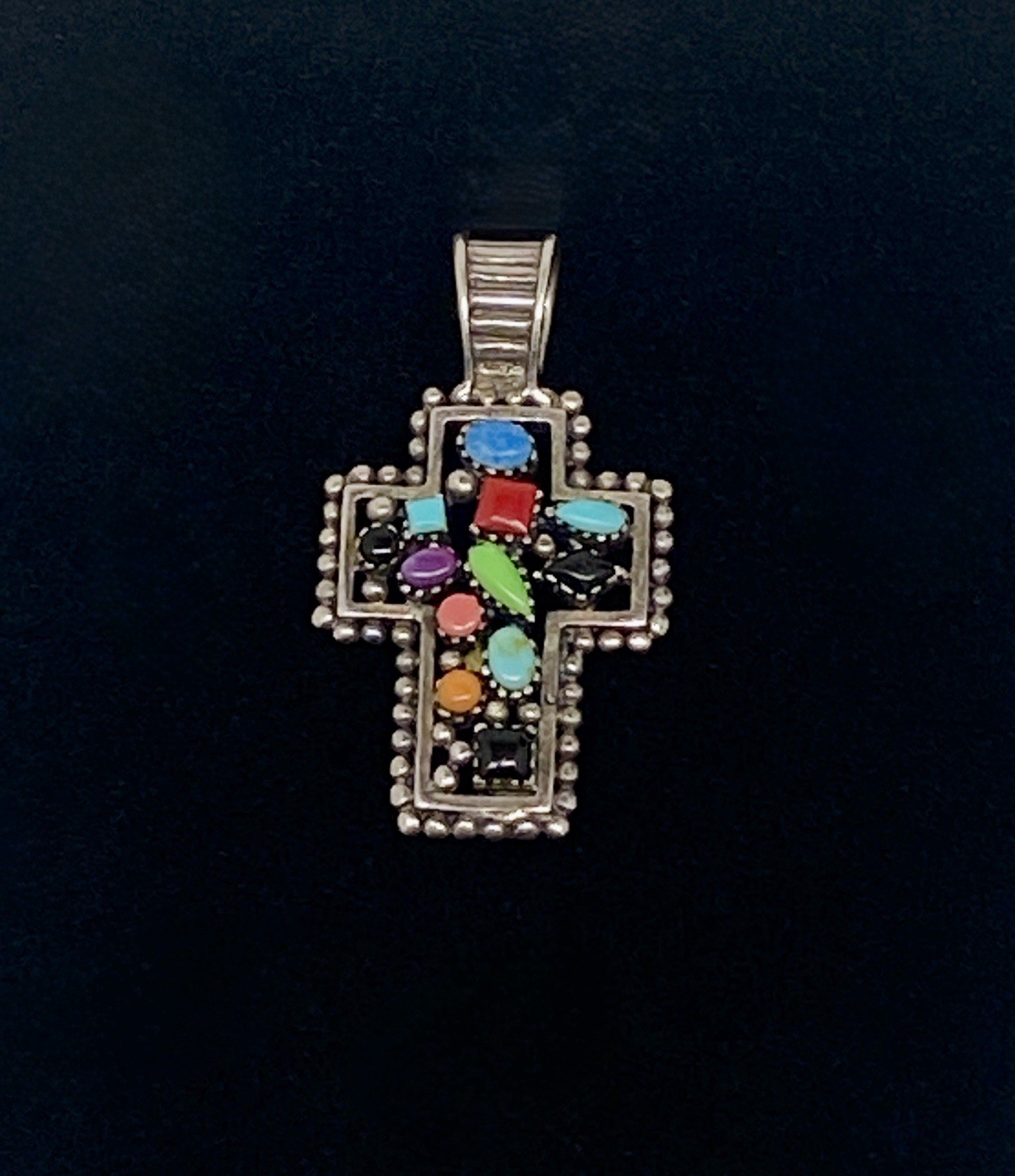 Vintage Sterling Silver Cross w/Turquoise, Onyx, Amethyst, Carnelian, Accents