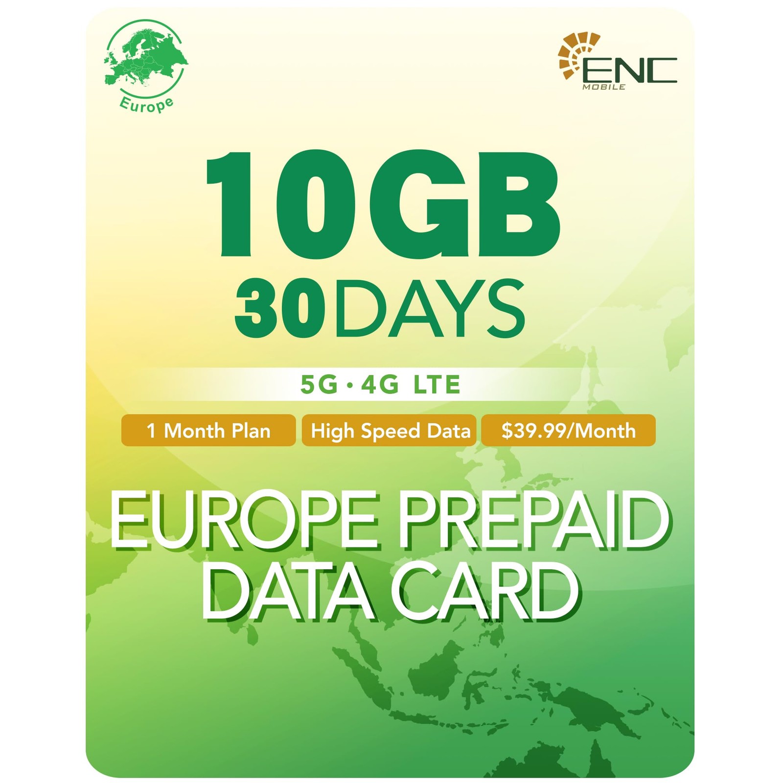 Europe SIM Card 30 Days | 10GB 5G/4G LTE + Unlimited Data Travel Prepaid