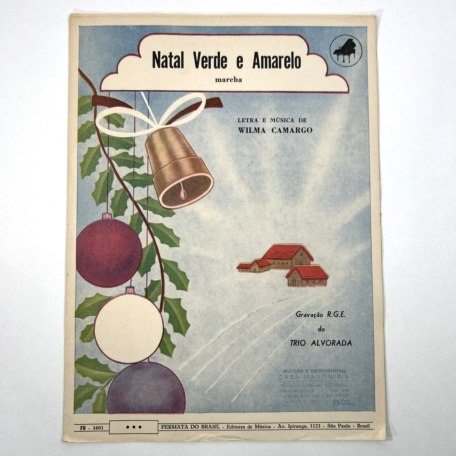 Vintage 1960-Natal Verde e Amarelo Marcha-Wilma Camargo-Sao Brazil-Sheet Music