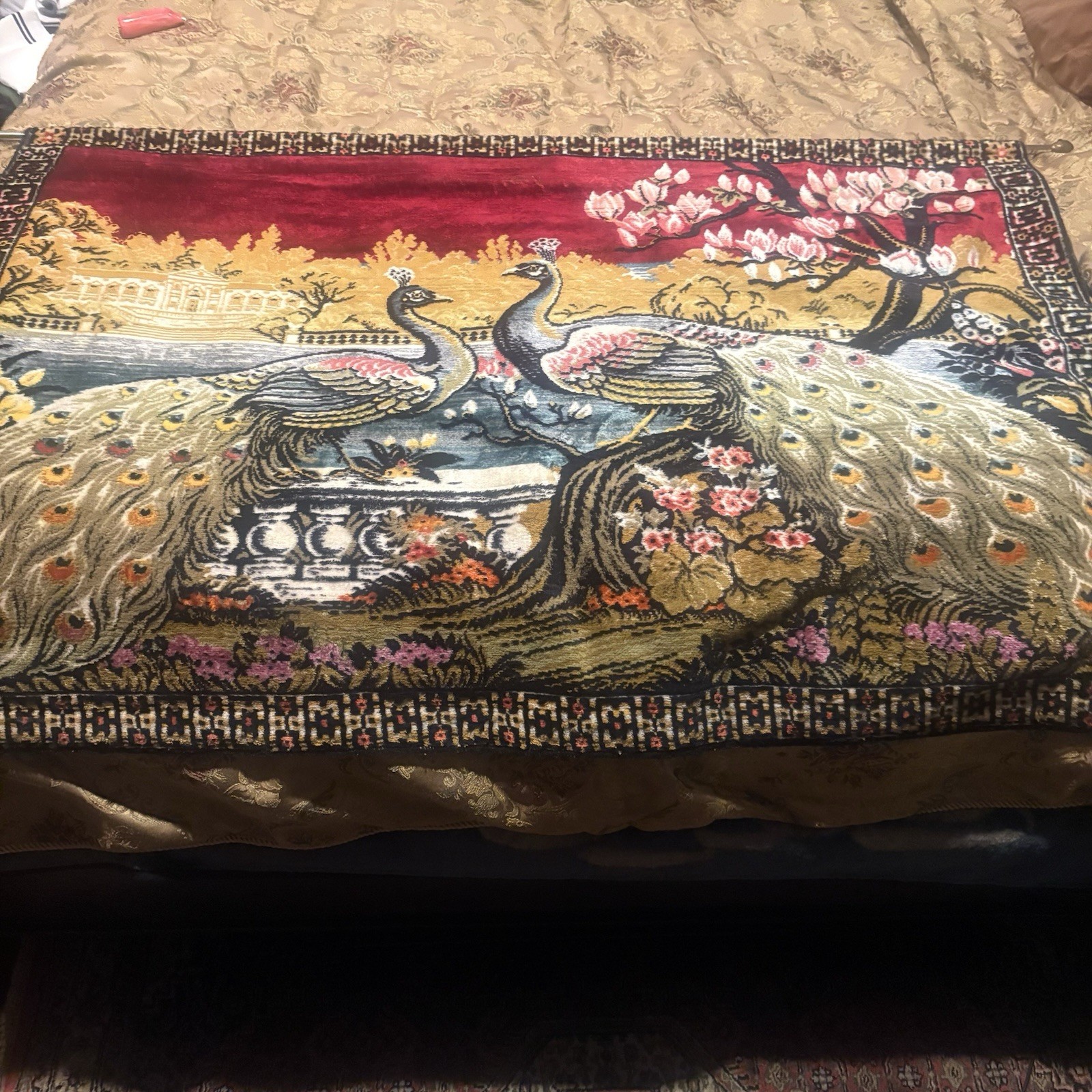 Vintage Mid Century Cotton Tapestry Peacock Wall Hanging 56”x38” Beautiful