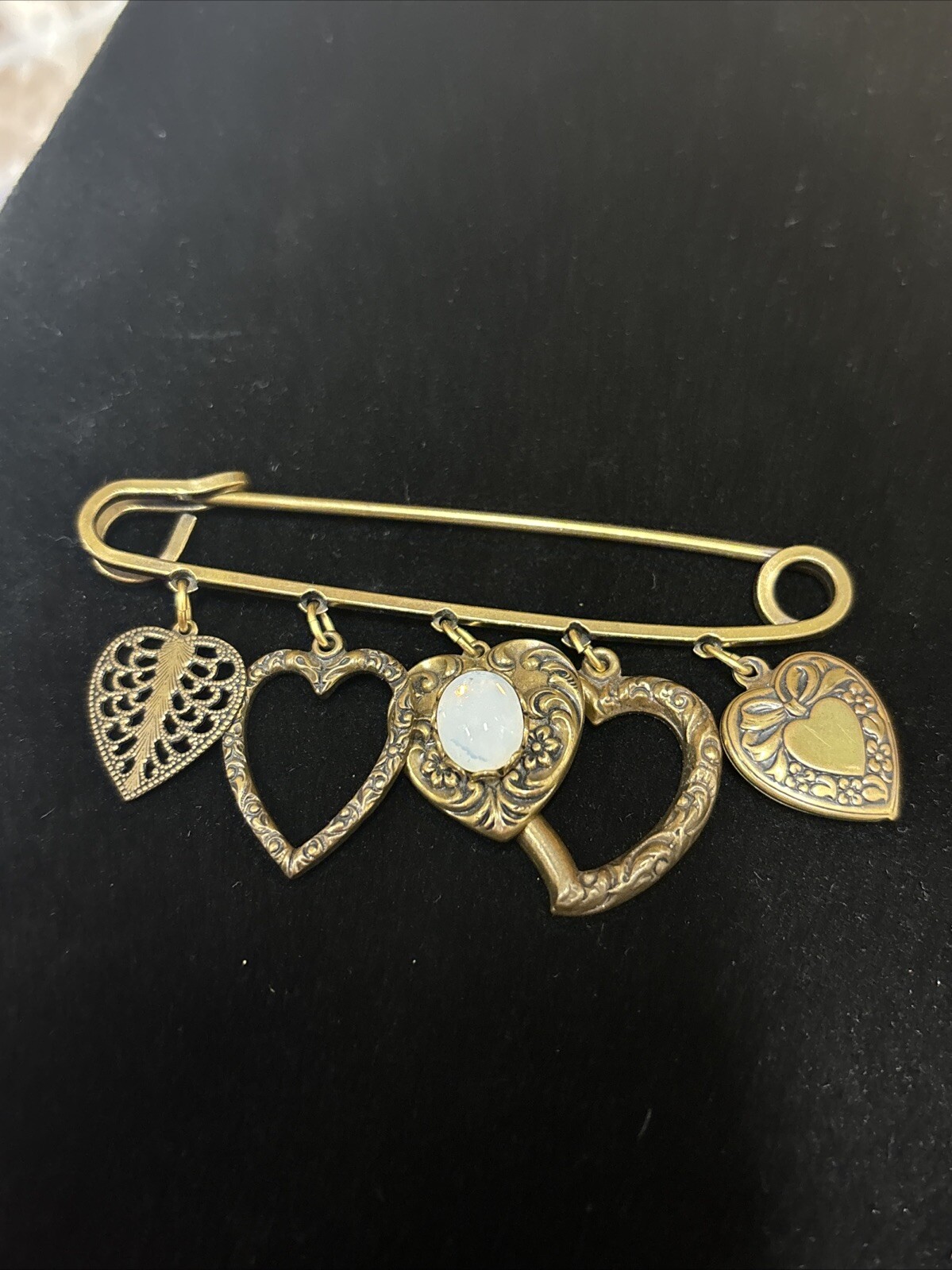 jewelry brooch safety pin Large 3 Copper Tone Hearts Moon Stone