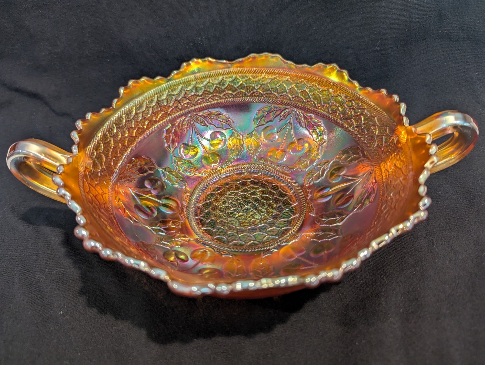 Antique FENTON Carnival Glass Cherry Circles Marigold Two-Handled Bonbon 10" EXC