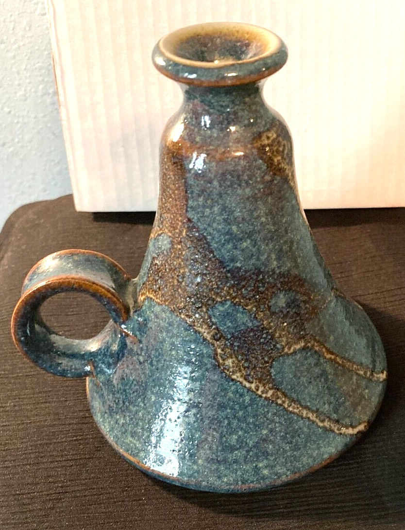 Vintage 1980 Signed B. MCLEMORE Blue/Brown Pottery Oil Lamp-No Lid-5.25" H-EUC