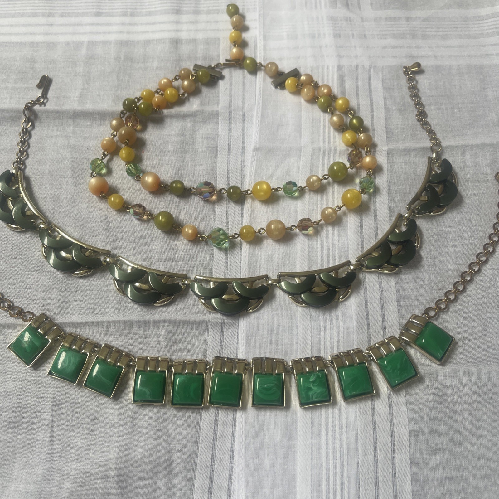 Vintage Round Beads Olive Green Lucite Plastic Necklace Three Rows Gold Tone