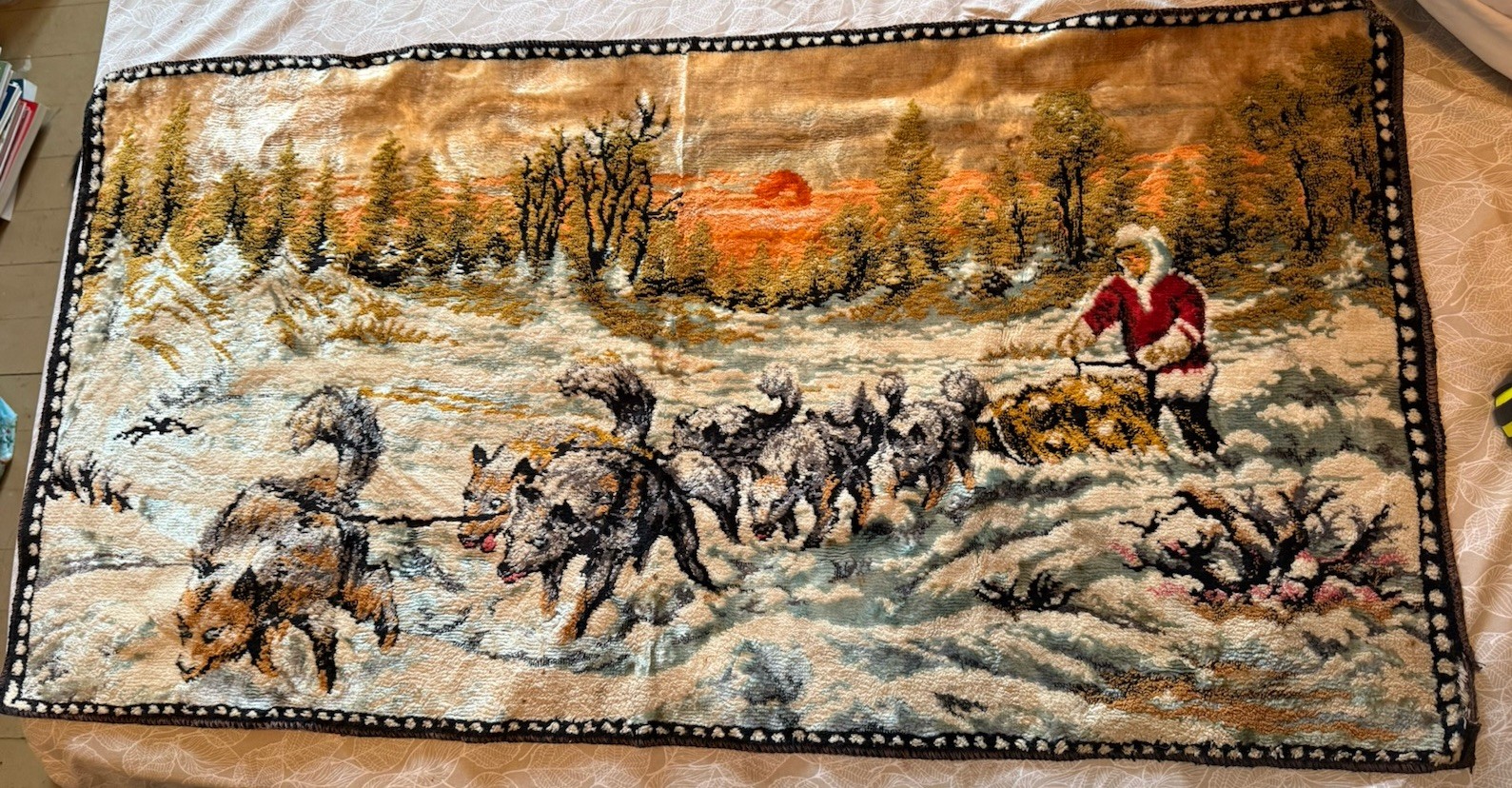 Rare Beautiful Vintage Alaska Winter Iditarod Dog Sled Tapestry/Wall Hanging
