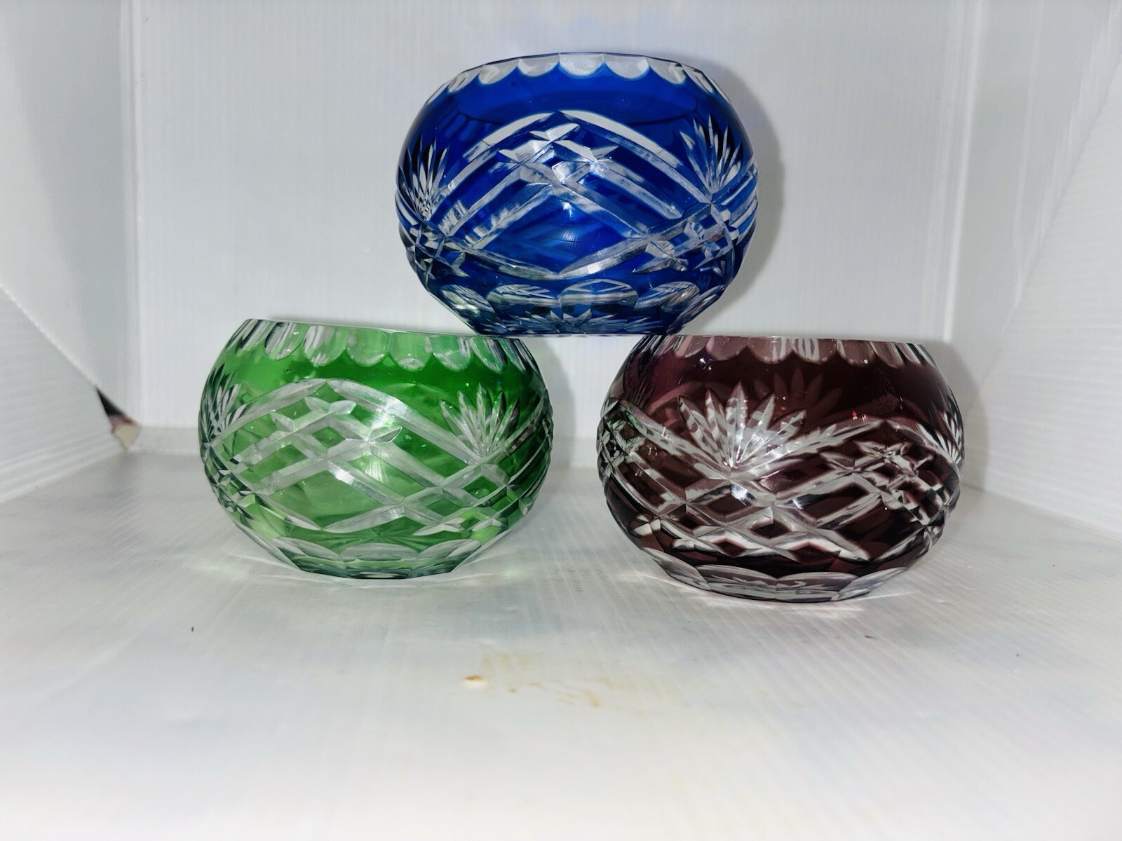Bohemian/Czech Cut to Clear Set of 3 Multi-Colored Glasses Candle Tea Light