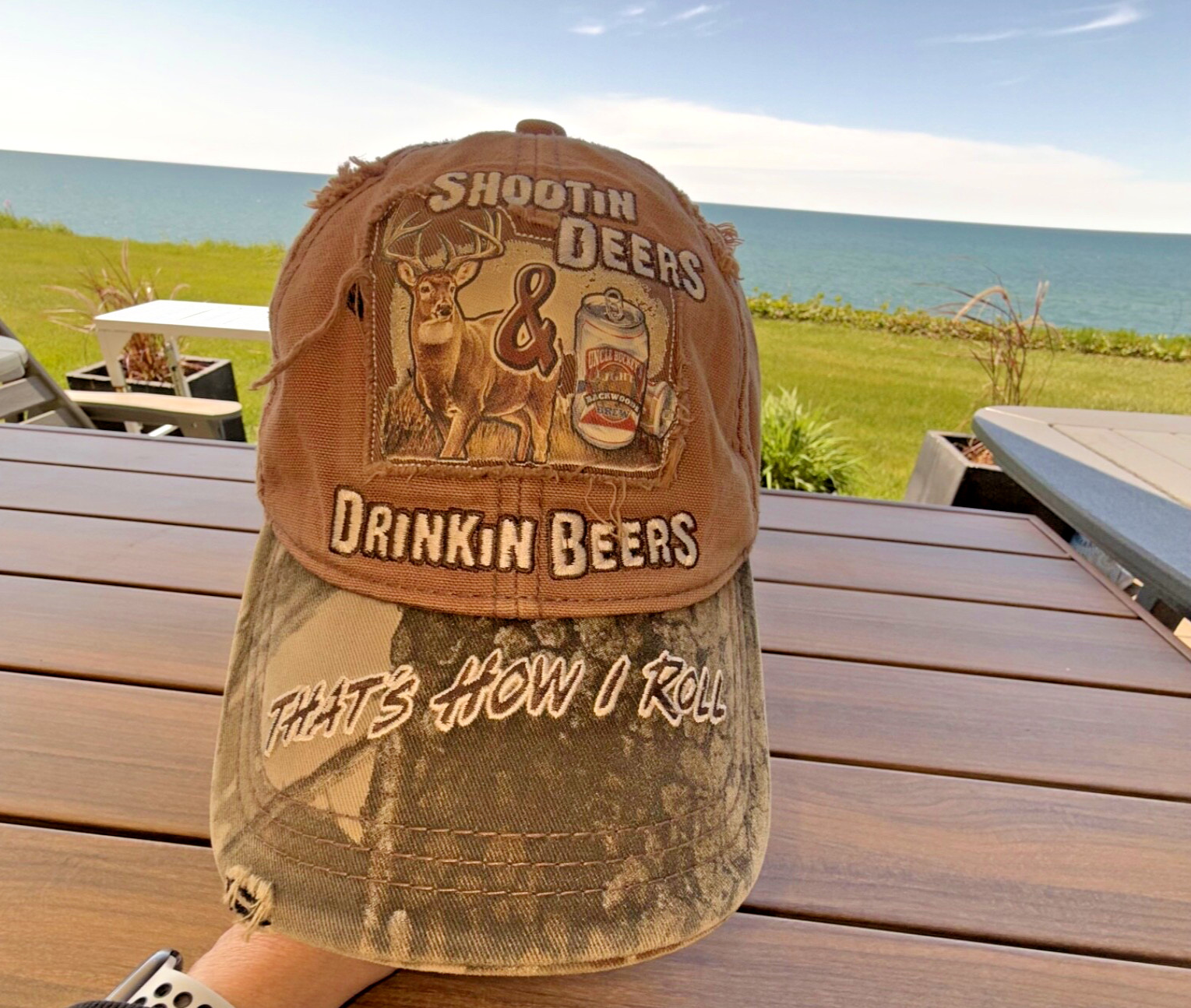Shootin Deers Drinkin Beers That’s How I Roll Distressed Hat Cap Camo Bill Gold