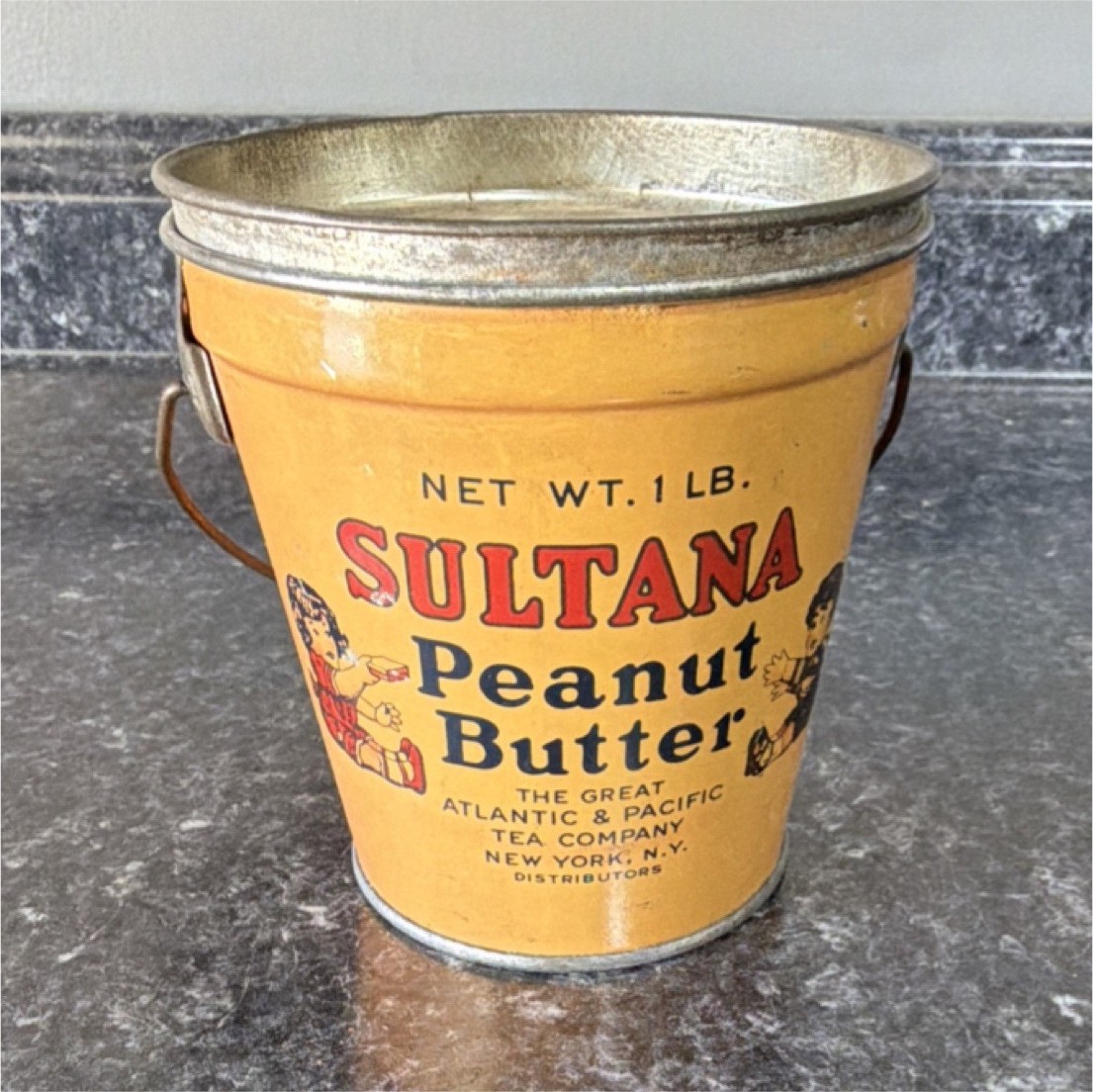 Sultana Peanut Butter Advertising Tin Yellow 1 lb Atlantic & Pacific Tea Co.