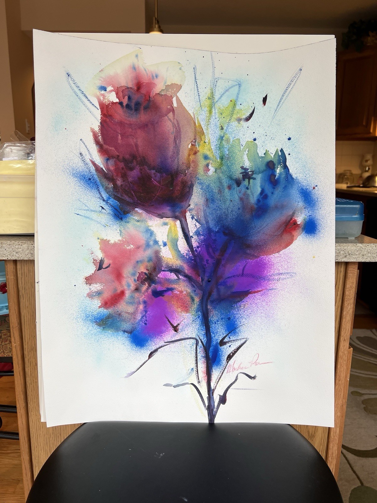 Orig  Watercolor Painting 17 1/2x22 3/4 Abstract Flowers OOAK Unframed