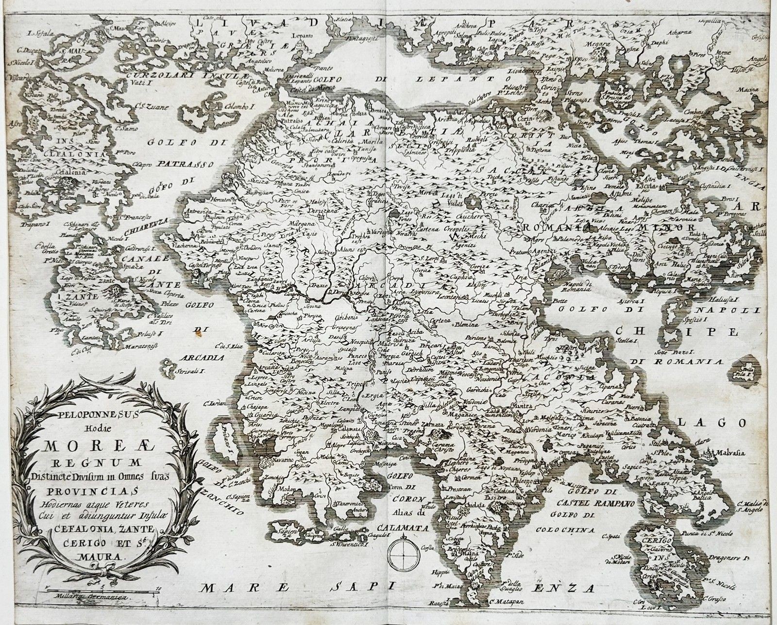 Peloponnese Morea Greece Copperplate Engraving Map Card Merian 1700