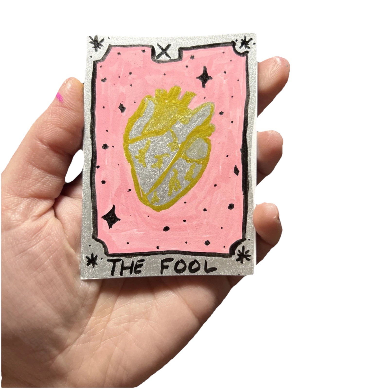 ACEO Anatomic Heart  2.5x3.5 Acrylic Illustration Pink Silver Gold Tarot Card