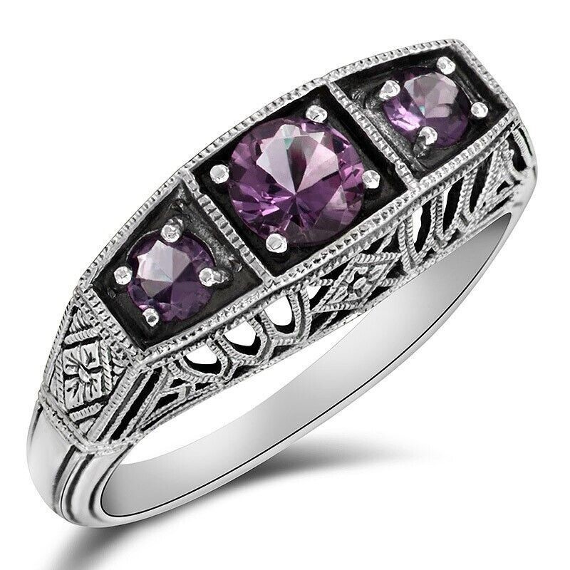 1CT Natural Amethyst 925 Solid Sterling Silver Nouveau Style Ring Sz 6 XB3-4