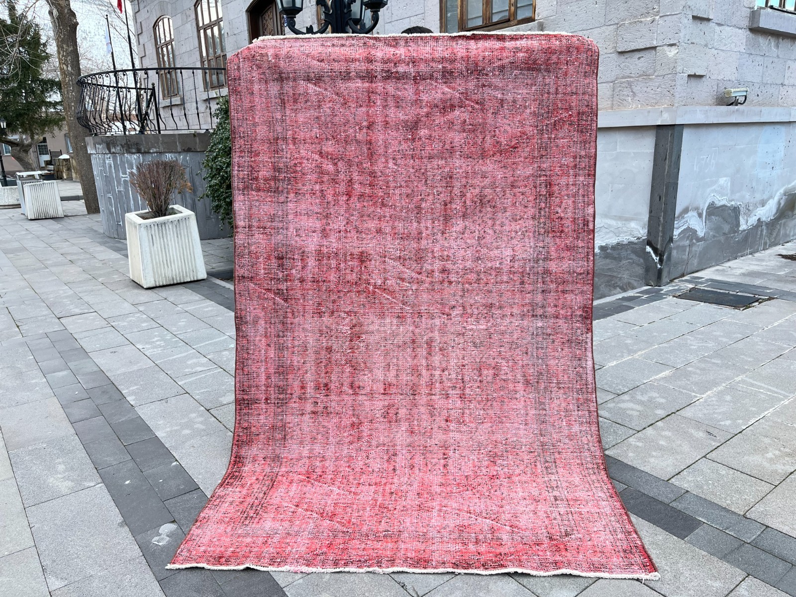 Overdyed Red Turkish Rug 5.3x8.5 ft Vintage Oushak Distressed Hand Knotted