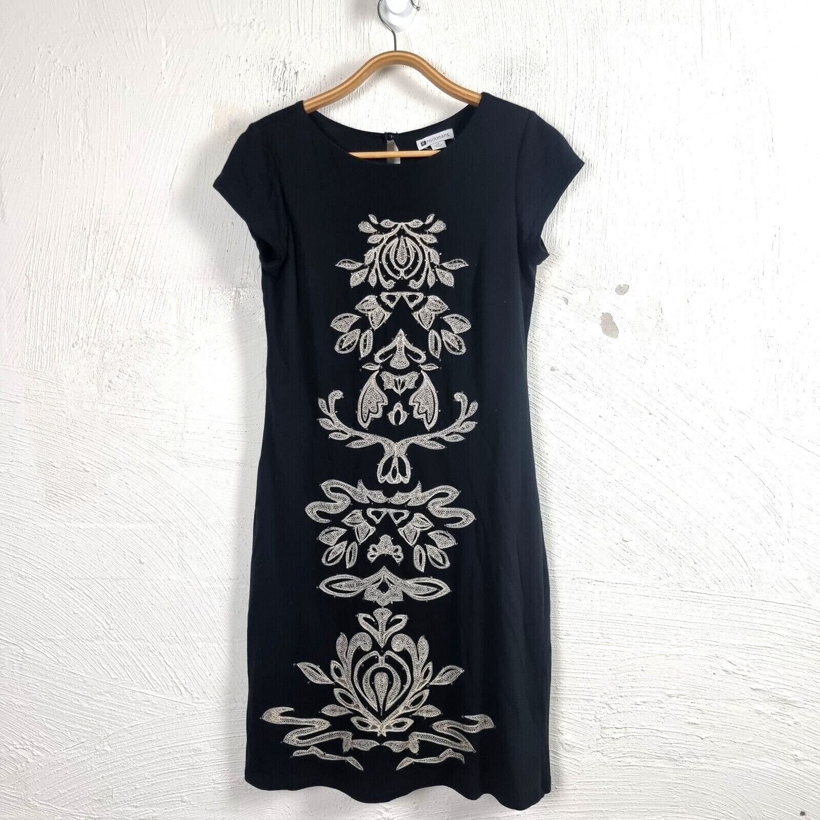 ROCKMANS Womens Dress Size 10 Black/Beige Stretch Knit Embroidered Beaded 