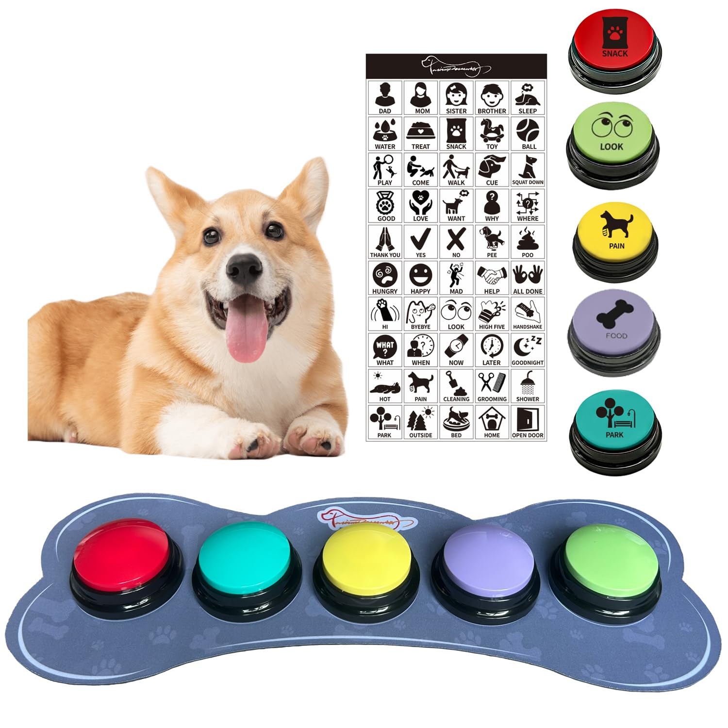Set of 5 Color Dog Buttons with Rubber Mat for Communication,Voice Recording... 
