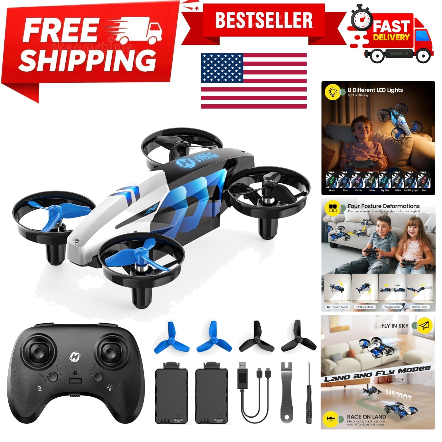 HS210T Drones for Kids, 2 IN1 MINI Indoor Drone with Land & Fly Mode, Four Po...