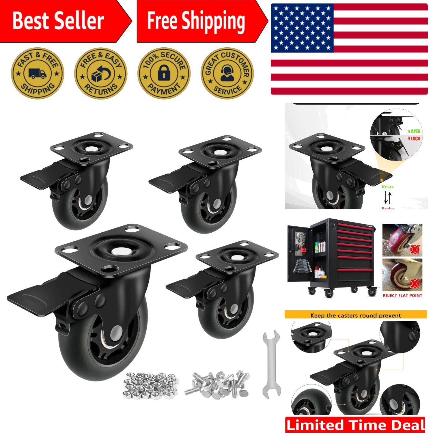 3" Casters Set of 4 ，4 Heavy Duty Quiet Casters, Max Load 2000LBS. Suitable t...