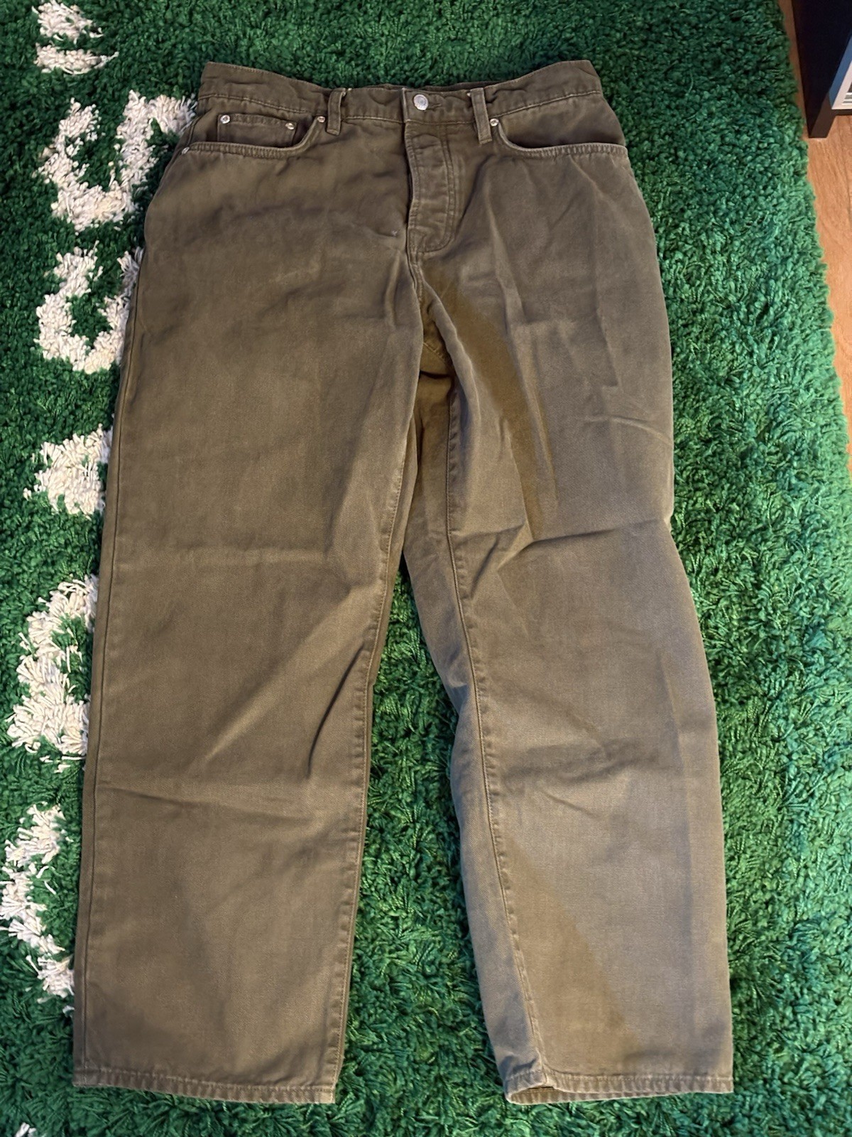 Stussy Olive Straight Denim Jeans Men's Vintage Cotton Logo Accents Pockets