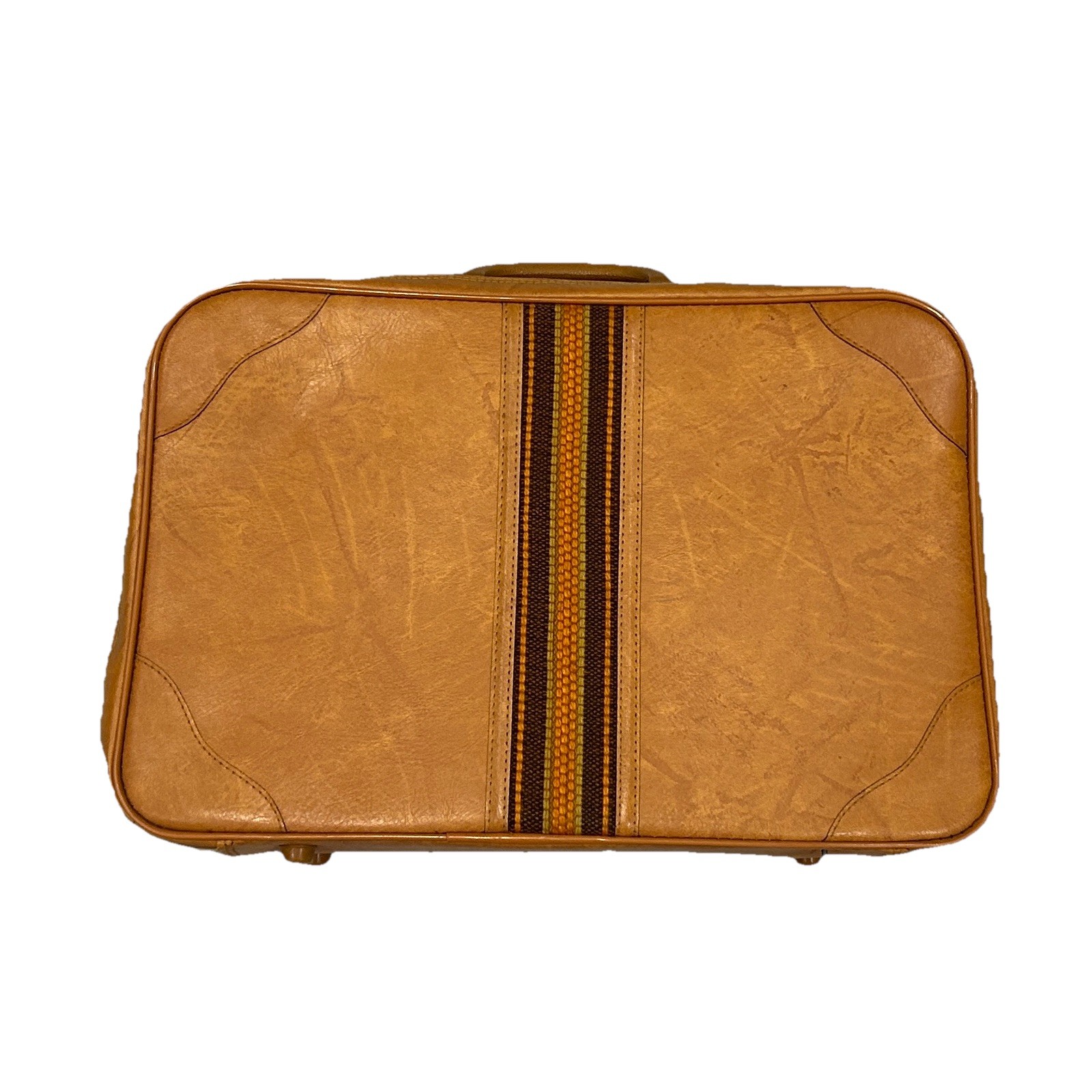Vintage Semi‑Rigid Suitcase – Faux Leather w/ Woven Stripe