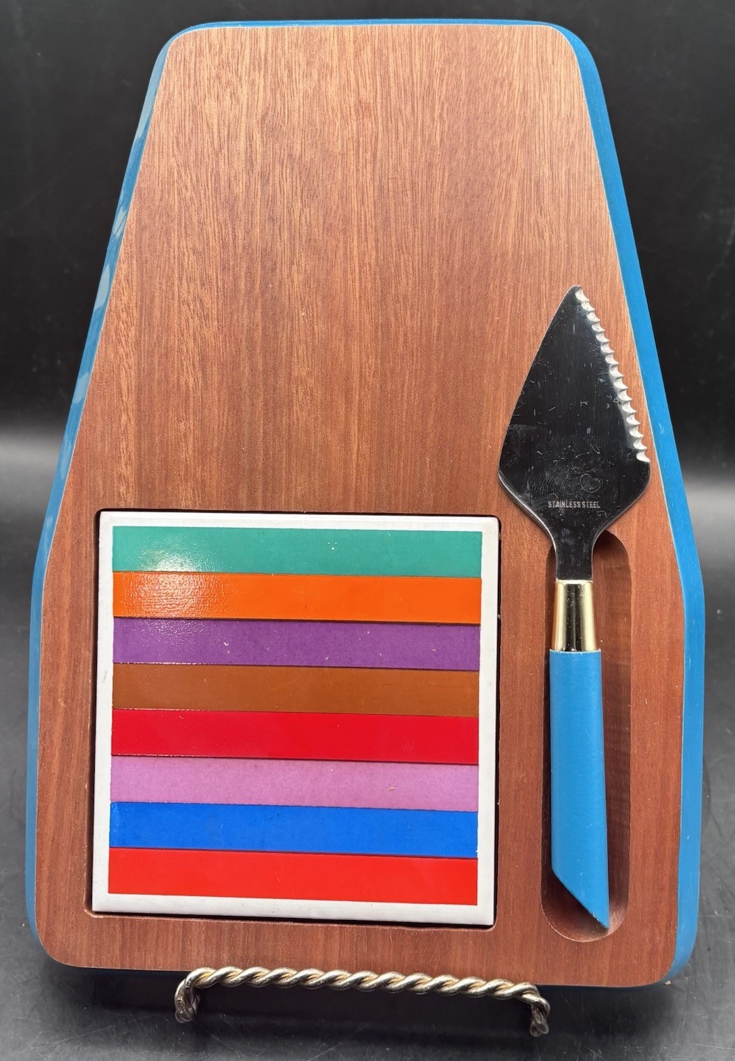 MCM Vtg Imperial International San Remo Wood Hostess Cheese Tray Set EUC in Box