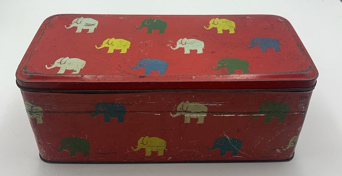 Elah Red Tin Box With Pagan Elephant Designs Lecco Made In Italy Vintage