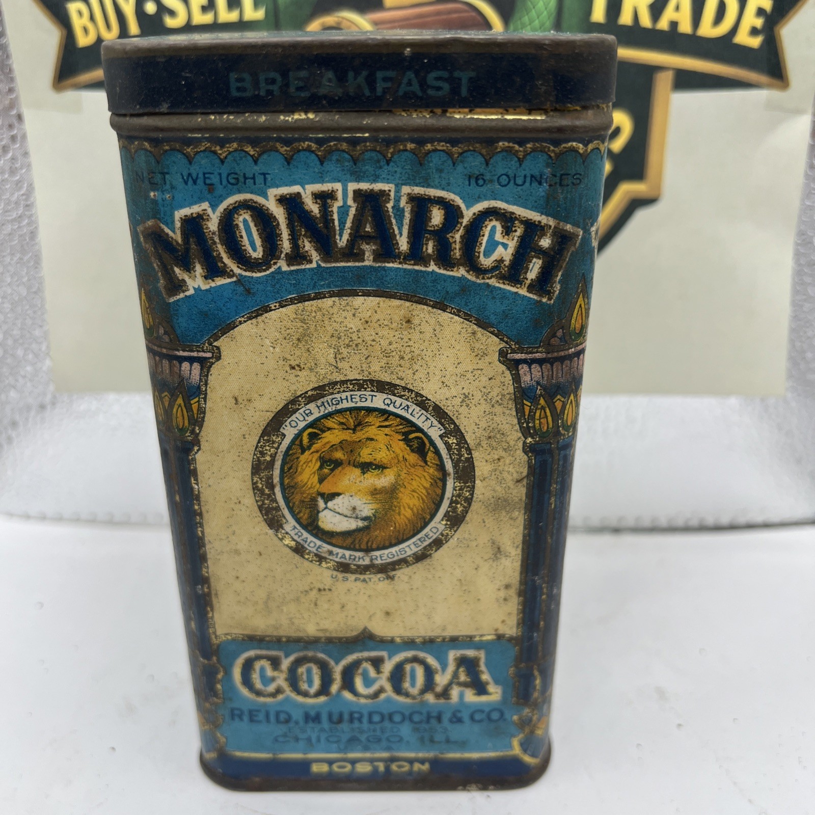 Vintage Monarch Cocoa Tin Old Advertising Lithograph Can Lion Logo Kitchen Decor