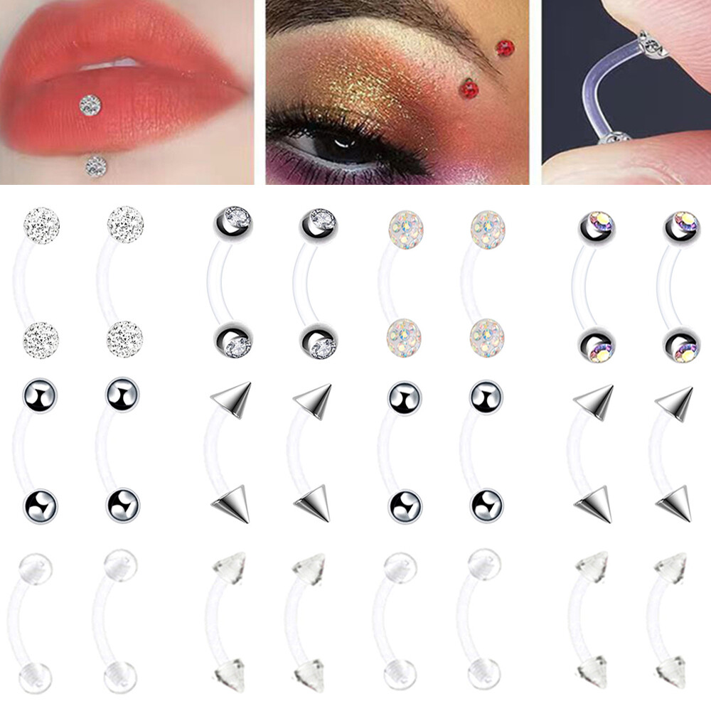12X Steel Crystal Acrylic Ball Eyebrow Ring Stud Curved Bar Barbell Piercing Set