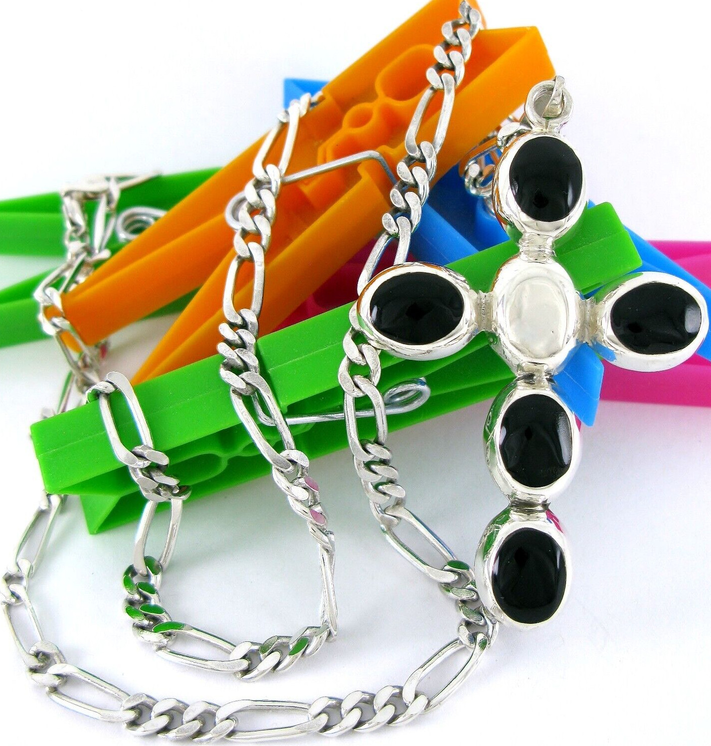 Sterling Silver 925 Black Enamel Taxco Cross & Figaro 26" Necklace 44.8G