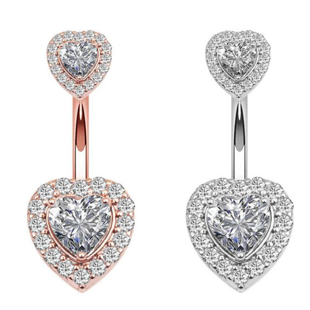 Elegent Stainless Steel Crystal Heart Body Piercing Belly Bar Button Navel Ring□