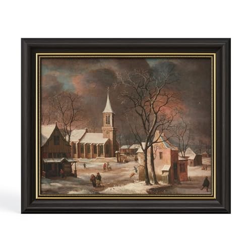  Vintage Gold Framed Canvas Winter Wall Art Scene with 10"L x 8"W Snowy Village