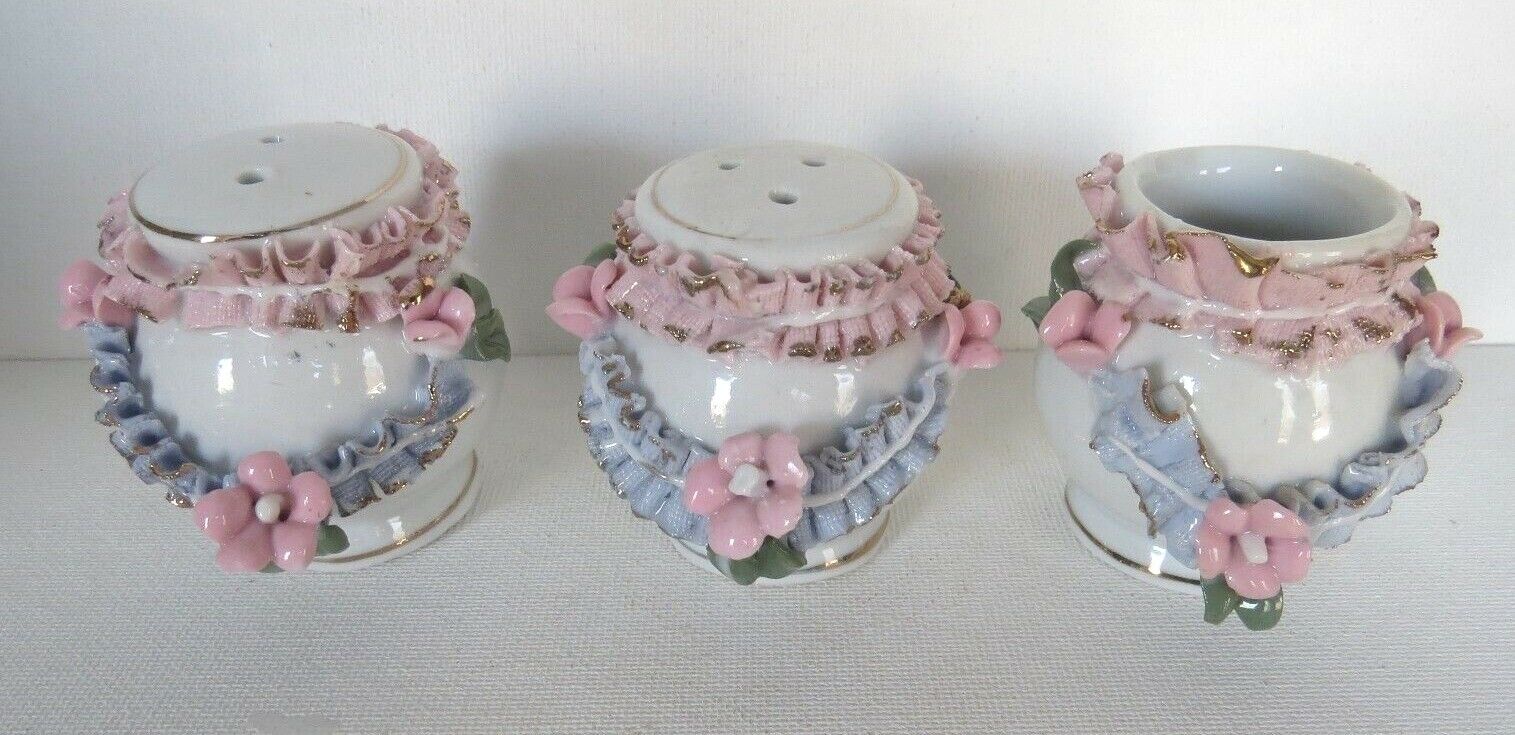 Porcelain CONDIMENT SET~Flowers & Ribbon~Salt & Pepper Shakers  