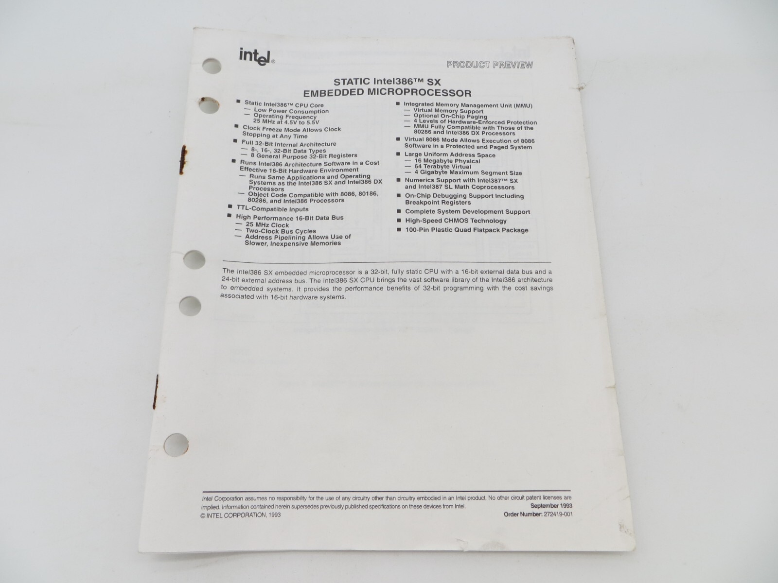 1993 intel Product Review Book STATIC intel386 SX EMBEDDED MICROPROCESSOR