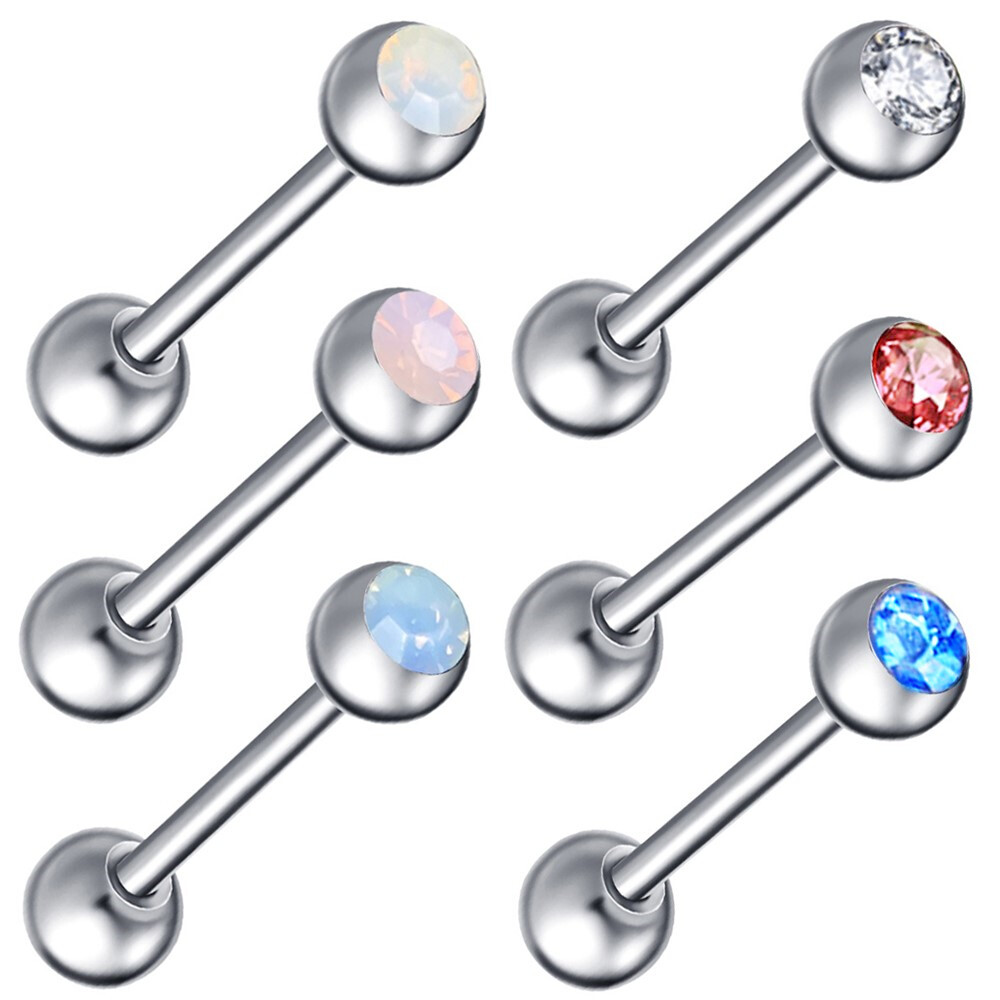 6X Colorful Opalite Gem Tongue Nipple Ring Steel Bar Barbell Piercing 16/19/22mm