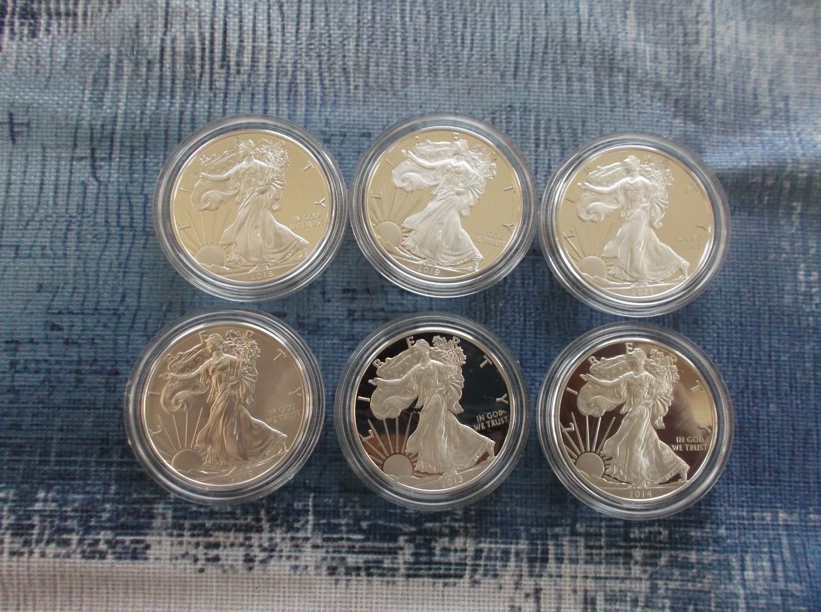 Set of 6 Silver American Eagle $1 coins BU - Brilliant Uncirculated - In Capsule